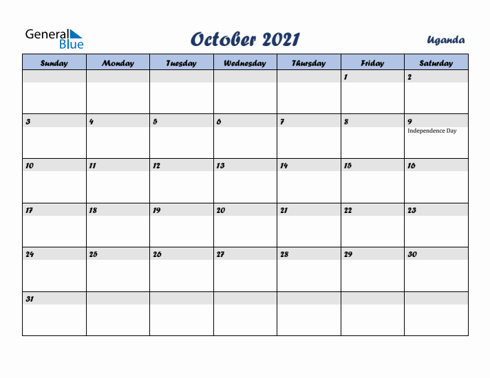 October 2021 Calendar with Holidays in Uganda