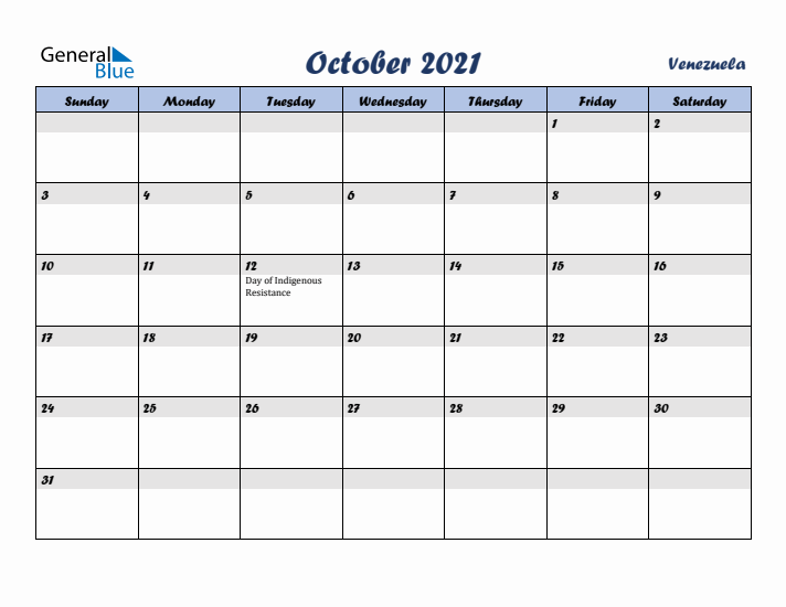 October 2021 Calendar with Holidays in Venezuela