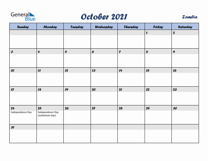 October 2021 Calendar with Holidays in Zambia