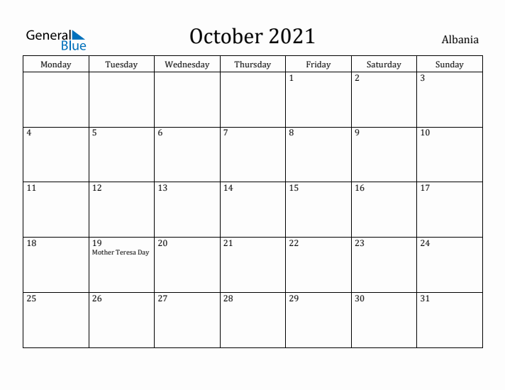 October 2021 Calendar Albania