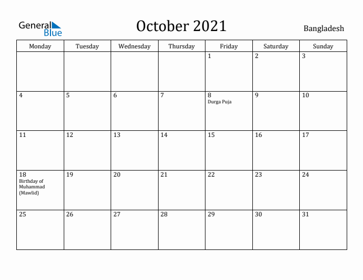 October 2021 Calendar Bangladesh