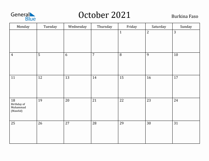 October 2021 Calendar Burkina Faso