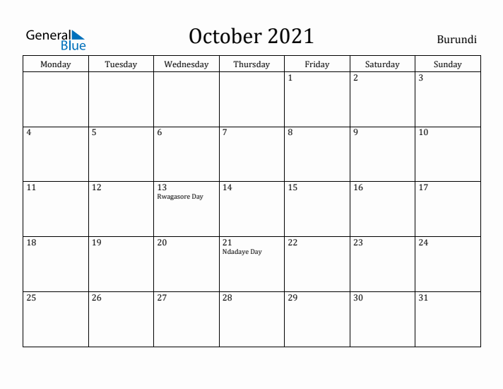 October 2021 Calendar Burundi