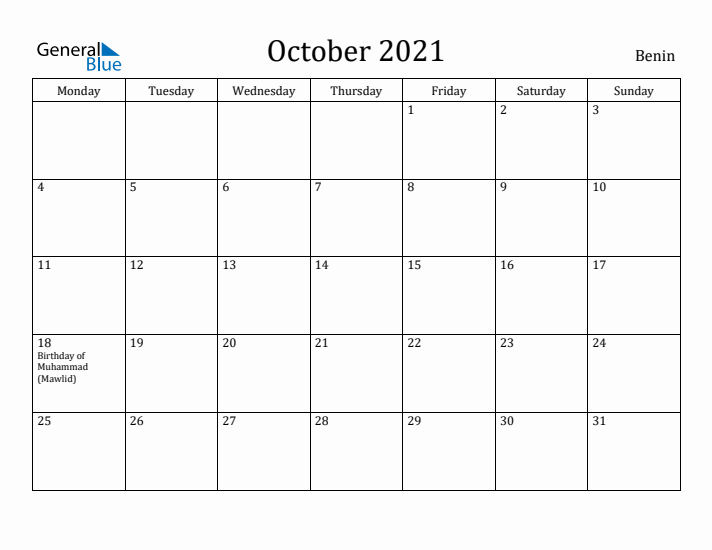 October 2021 Calendar Benin