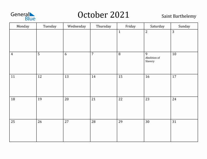 October 2021 Calendar Saint Barthelemy