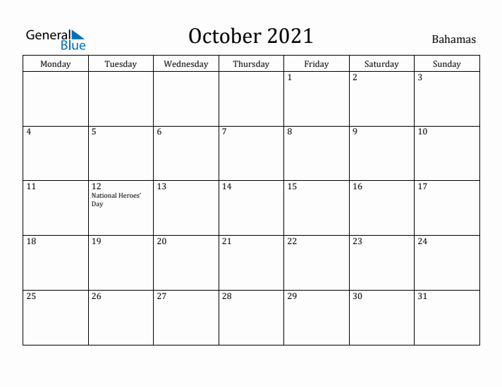 October 2021 Calendar Bahamas
