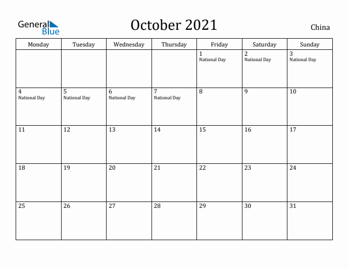October 2021 Calendar China