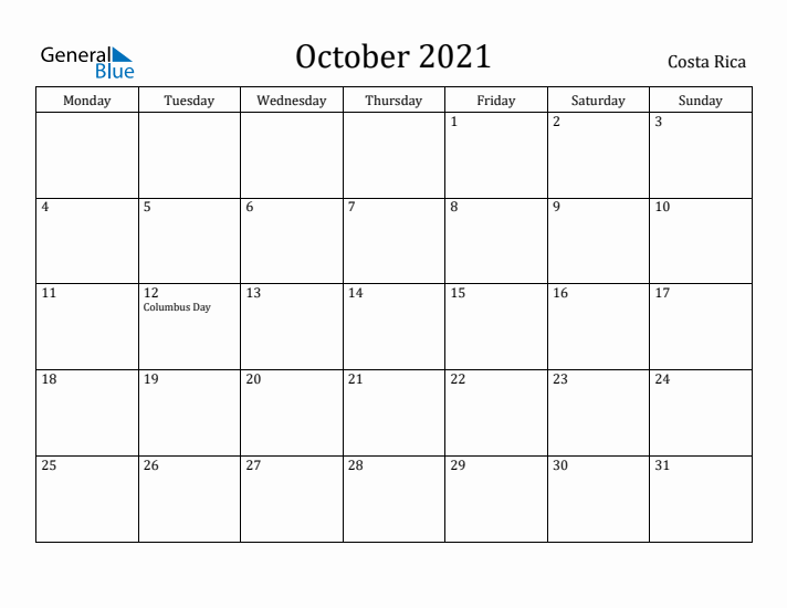 October 2021 Calendar Costa Rica