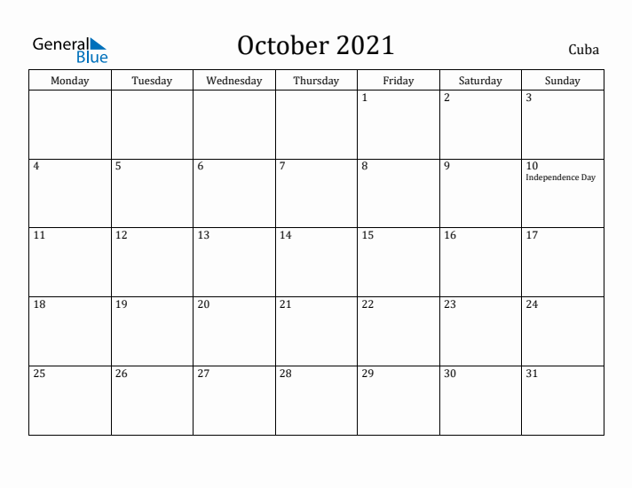 October 2021 Calendar Cuba