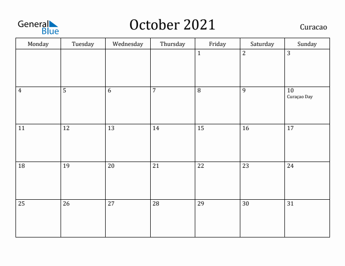 October 2021 Calendar Curacao