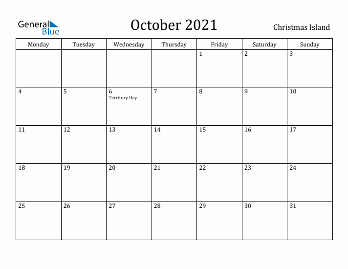 October 2021 Calendar Christmas Island