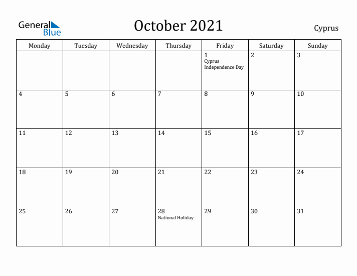 October 2021 Calendar Cyprus
