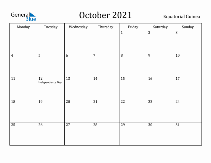 October 2021 Calendar Equatorial Guinea