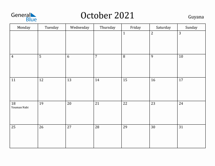 October 2021 Calendar Guyana