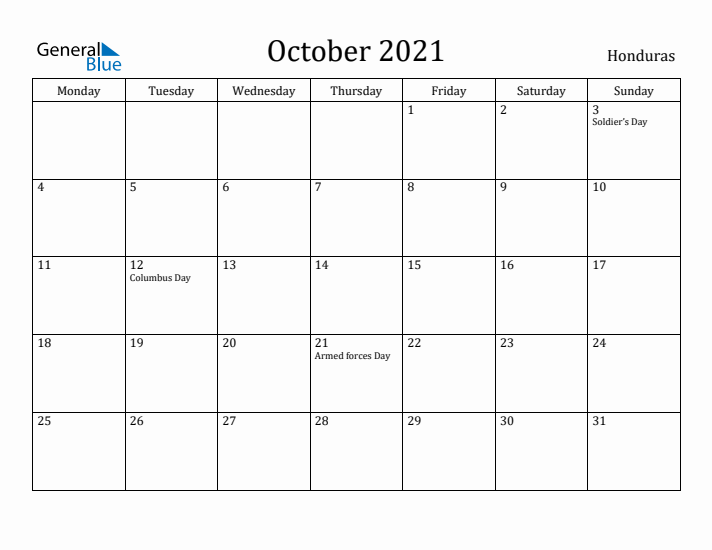 October 2021 Calendar Honduras