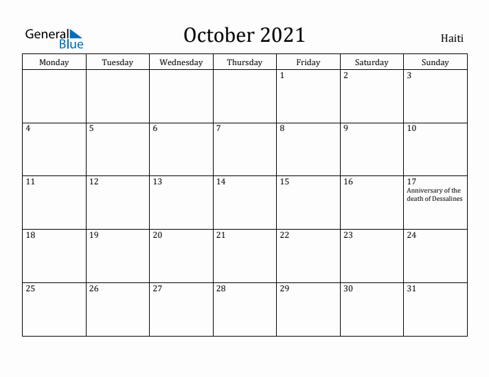 October 2021 Calendar Haiti