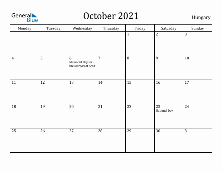 October 2021 Calendar Hungary