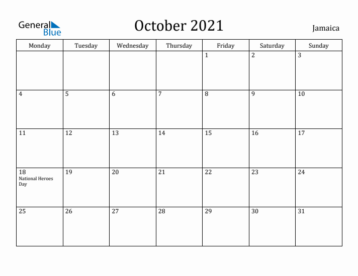 October 2021 Calendar Jamaica
