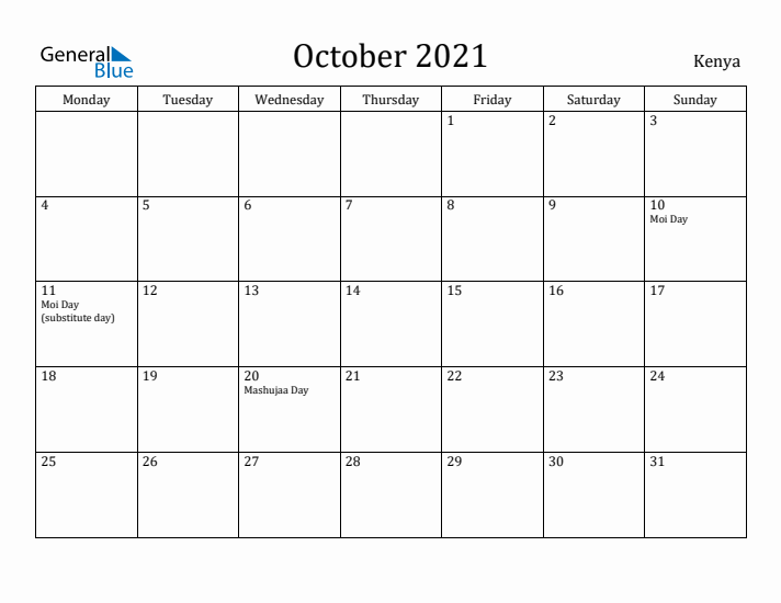 October 2021 Calendar Kenya