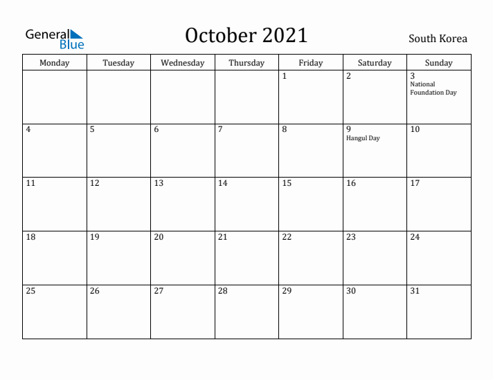 October 2021 Calendar South Korea