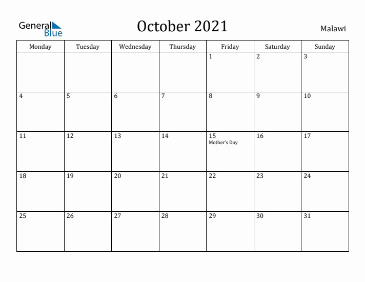 October 2021 Calendar Malawi