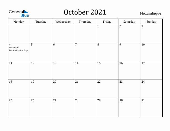 October 2021 Calendar Mozambique