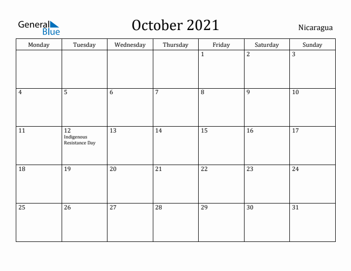 October 2021 Calendar Nicaragua