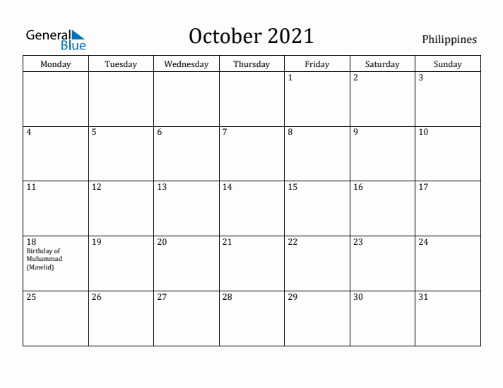 October 2021 Calendar Philippines