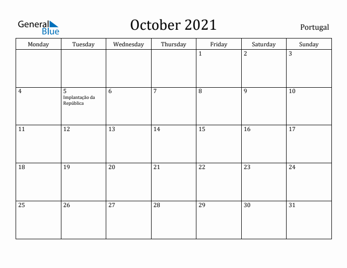 October 2021 Calendar Portugal