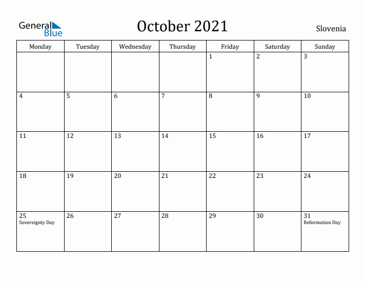 October 2021 Calendar Slovenia