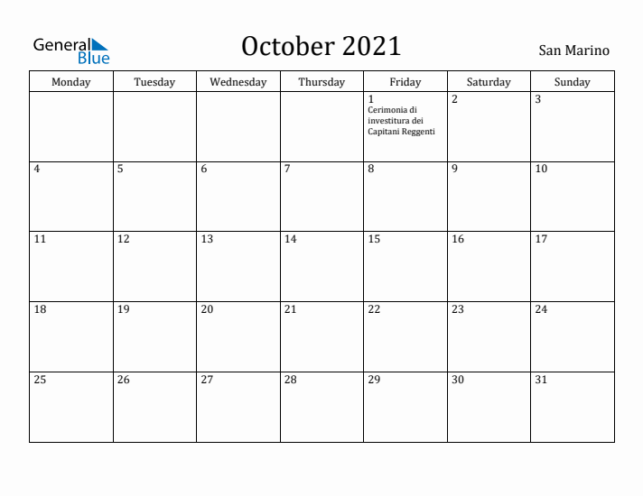 October 2021 Calendar San Marino