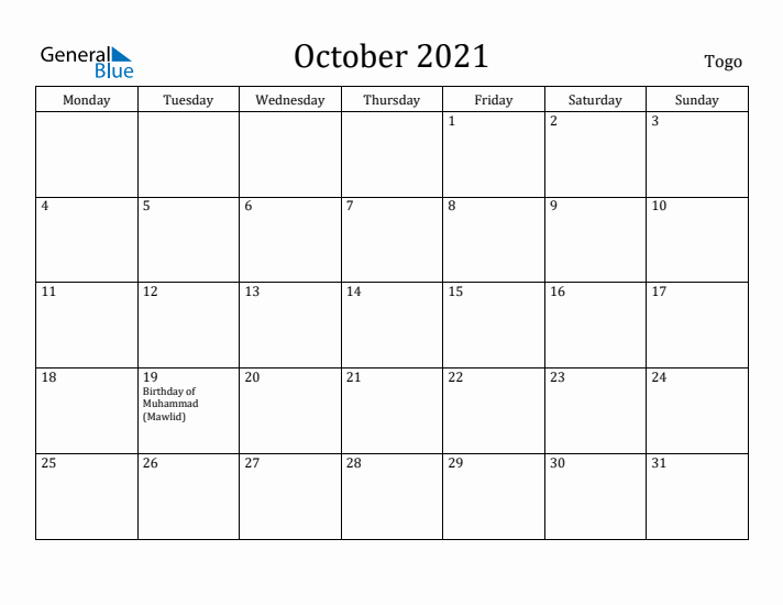 October 2021 Calendar Togo