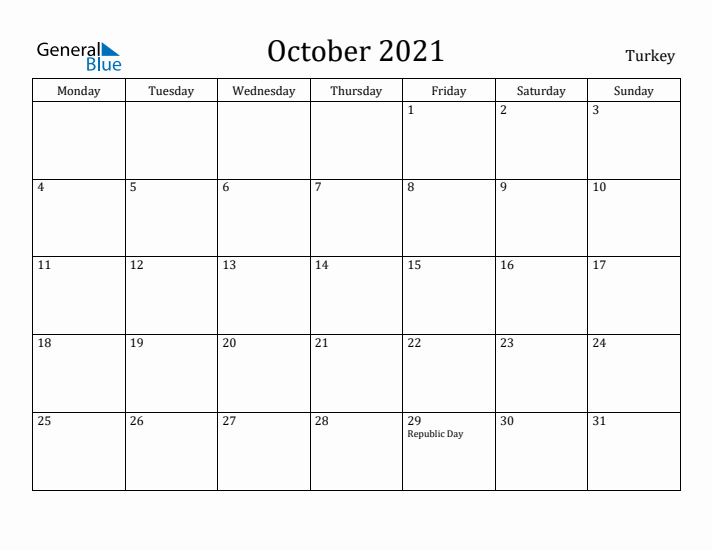 October 2021 Calendar Turkey
