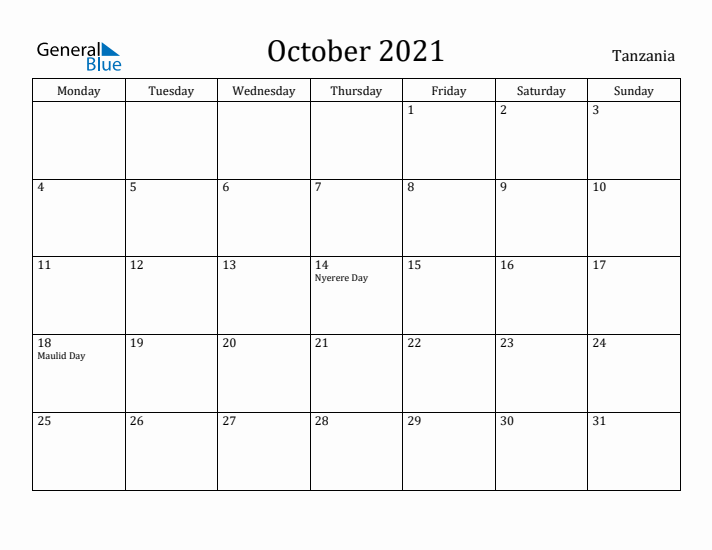 October 2021 Calendar Tanzania