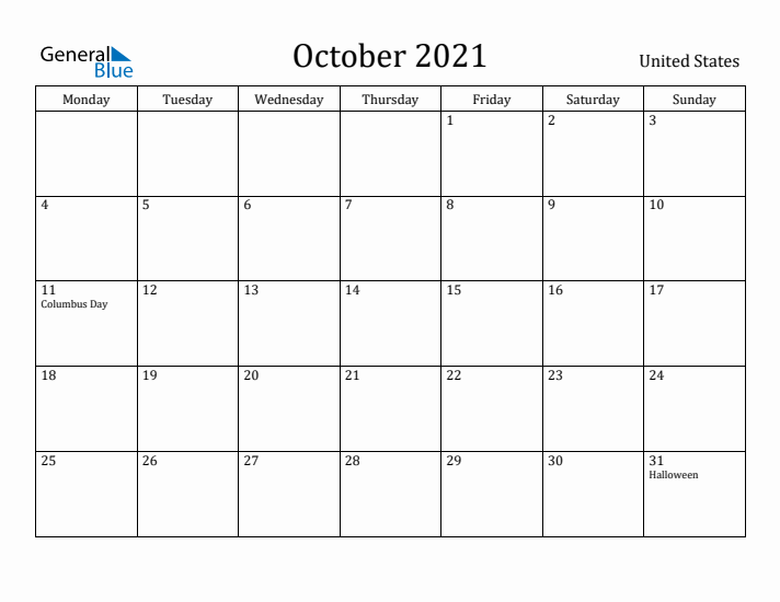 October 2021 Calendar United States