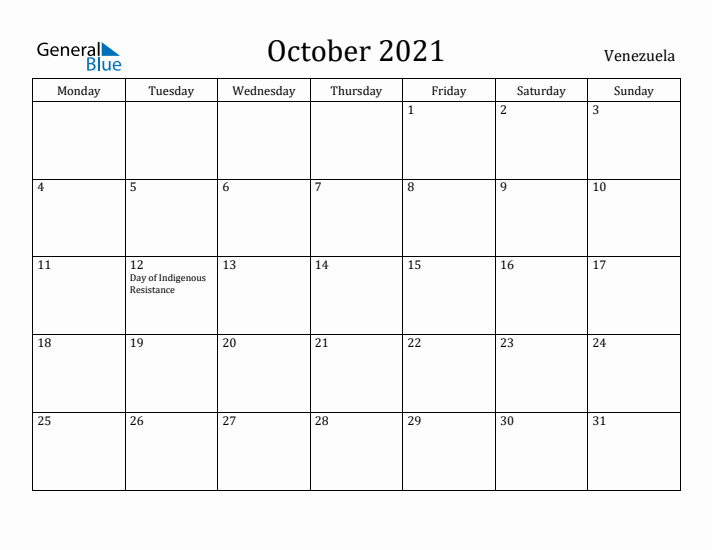 October 2021 Calendar Venezuela