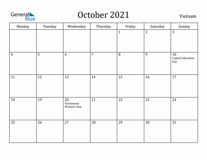 October 2021 Calendar Vietnam