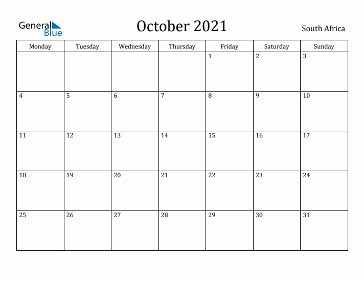 October 2021 Calendar South Africa