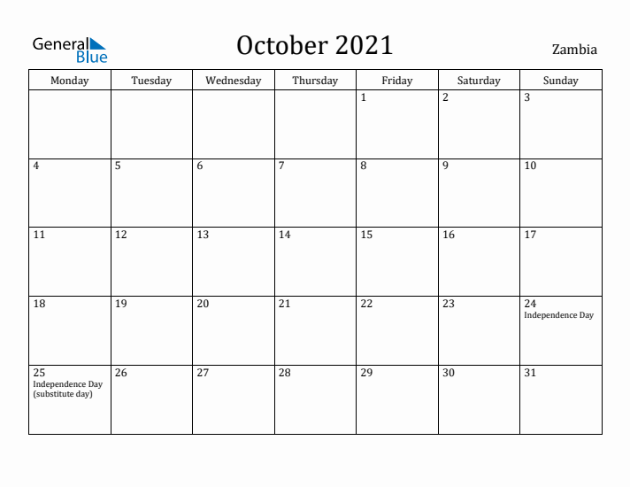 October 2021 Calendar Zambia
