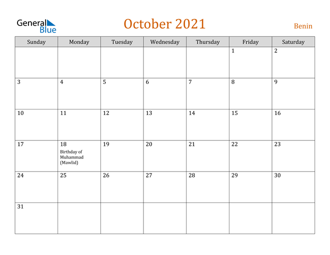 October 2021 Holiday Calendar