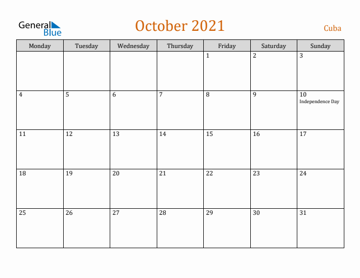 October 2021 Holiday Calendar with Monday Start