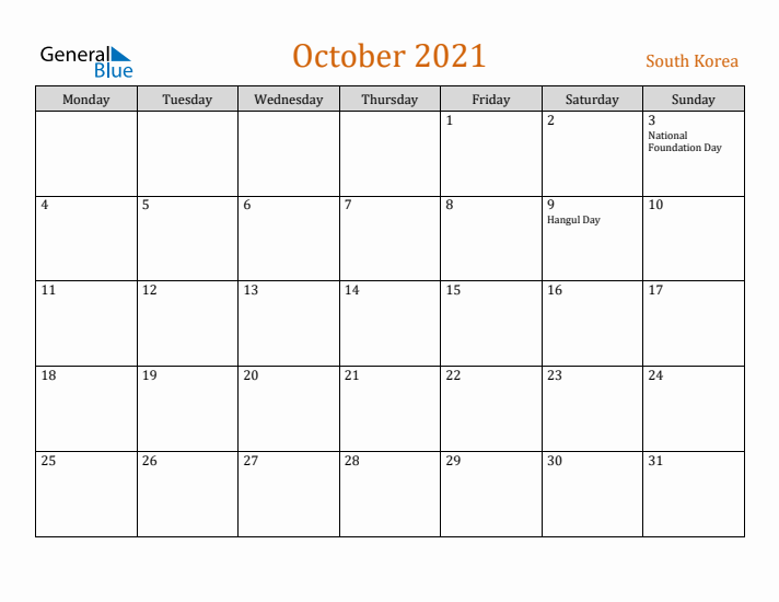 October 2021 Holiday Calendar with Monday Start