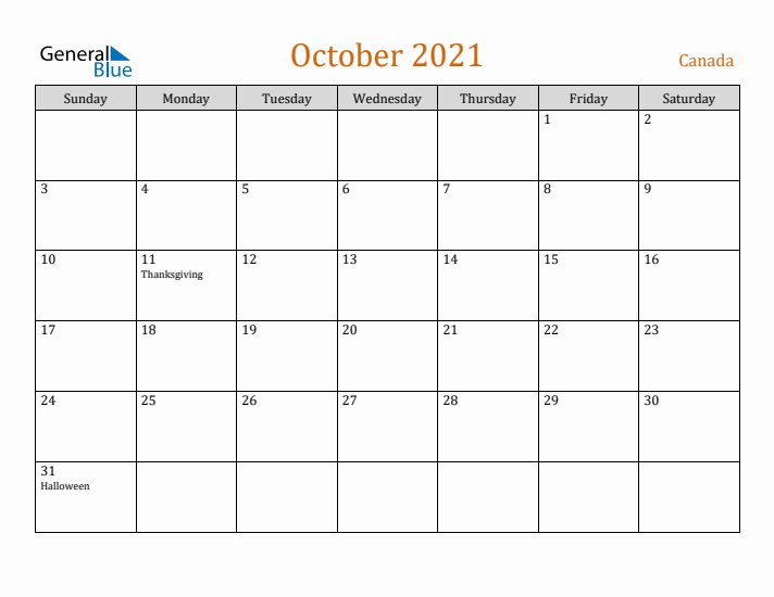 October 2021 Holiday Calendar with Sunday Start