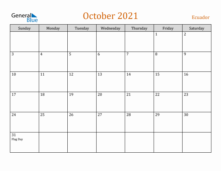 October 2021 Holiday Calendar with Sunday Start