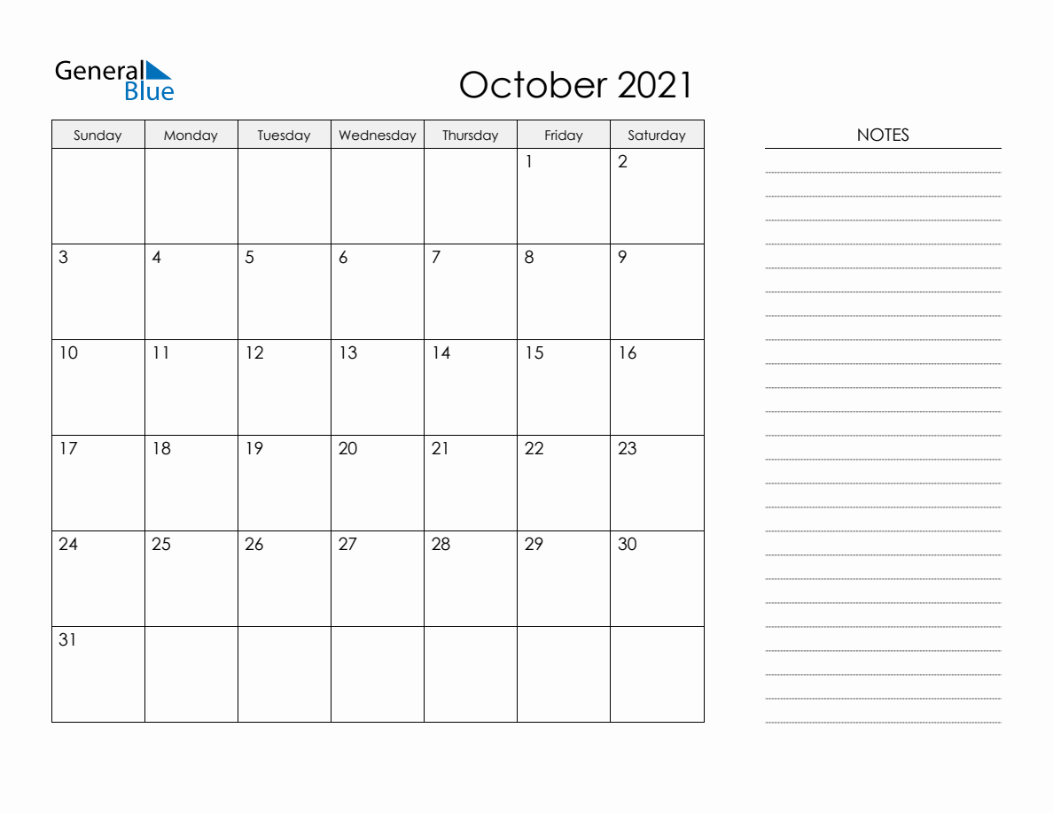 Printable Monthly Calendar With Notes October 2021