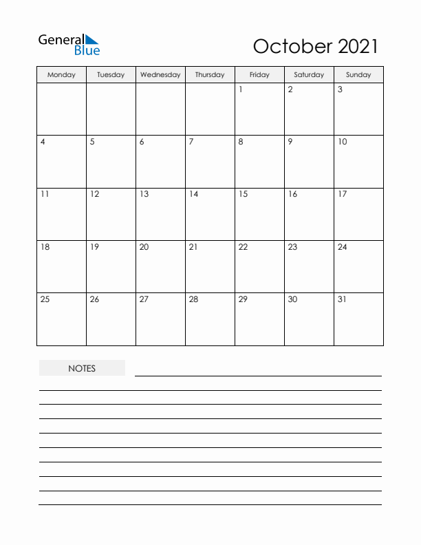 Printable Calendar with Notes - October 2021 