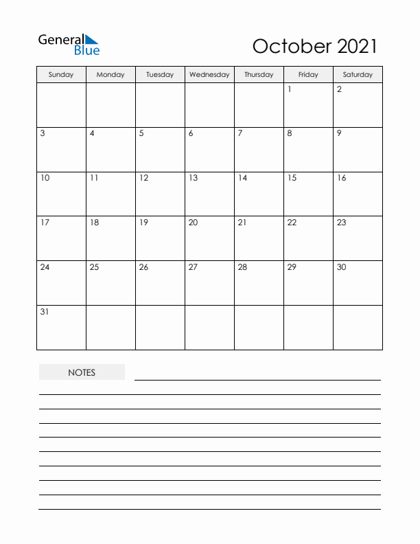 Printable Calendar with Notes - October 2021 