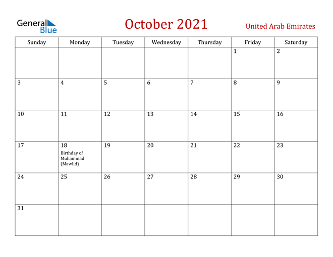 United Arab Emirates October 2021 Calendar