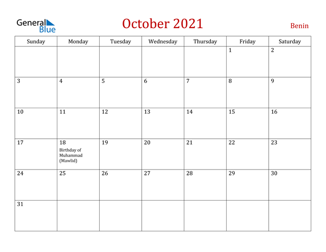Benin October 2021 Calendar