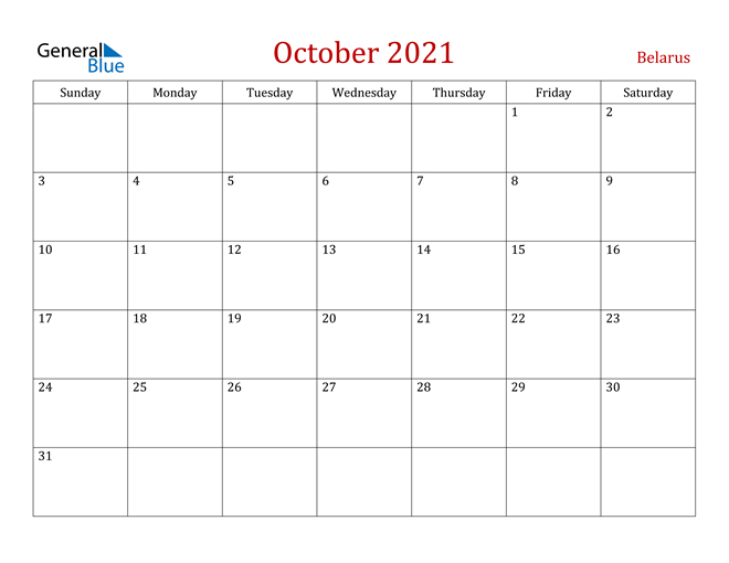 Belarus October 2021 Calendar